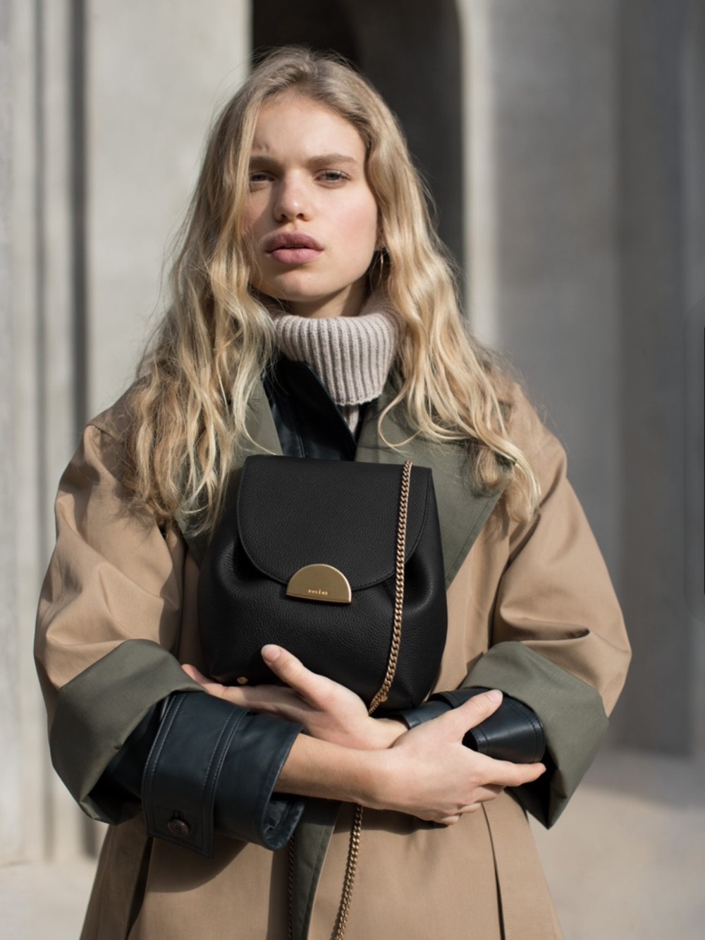 Polene Paris Numero Un Mini Black Pebble Leather Shoulder Bag with Gold Chain